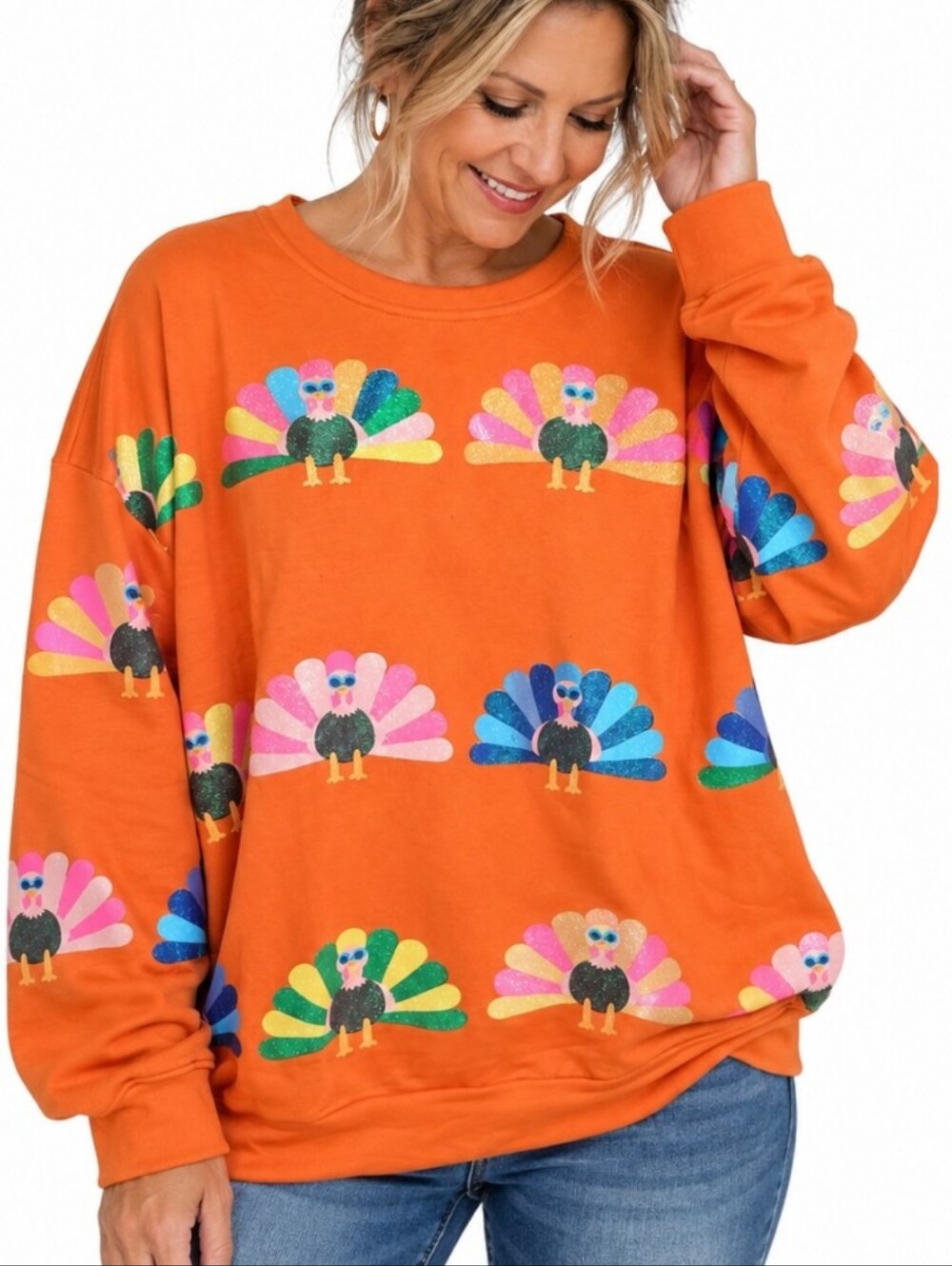 Women’s XL Orange Glitter Turkey Print Thanksgiving Pullover Sweatshirt